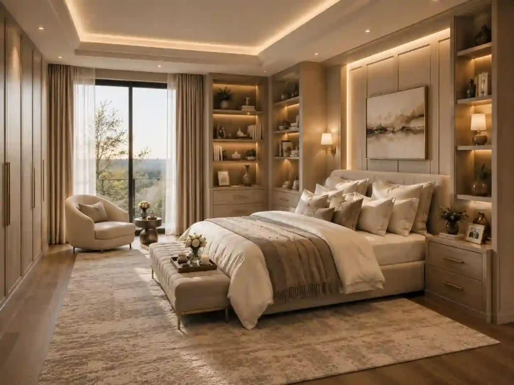 Serene luxury bedroom with warm neutrals