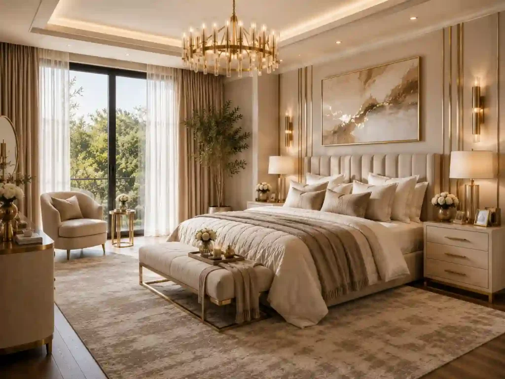 Elegant, luxe bedroom with gold accents
