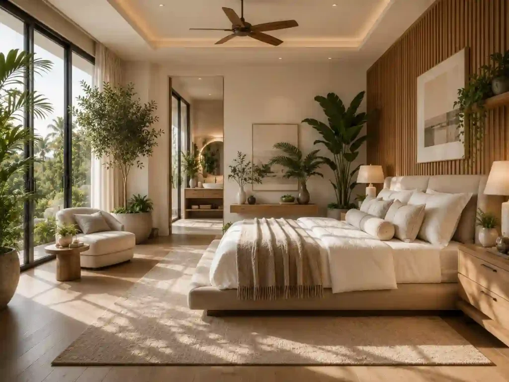 Serene modern bedroom with greenery