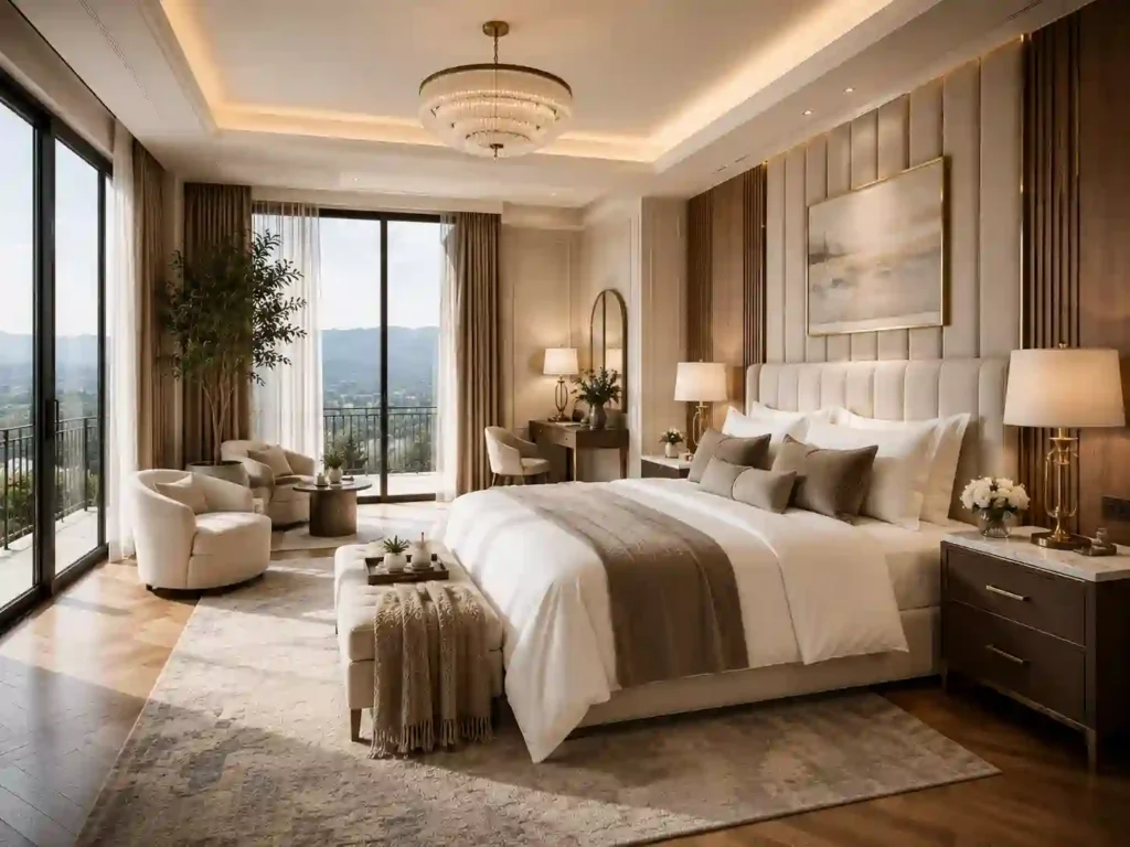Luxurious modern bedroom with mountain view