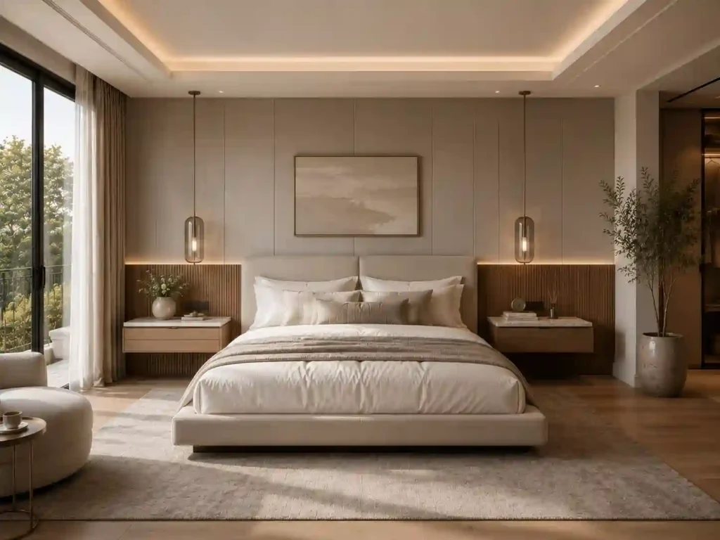 Luxurious modern bedroom with natural light