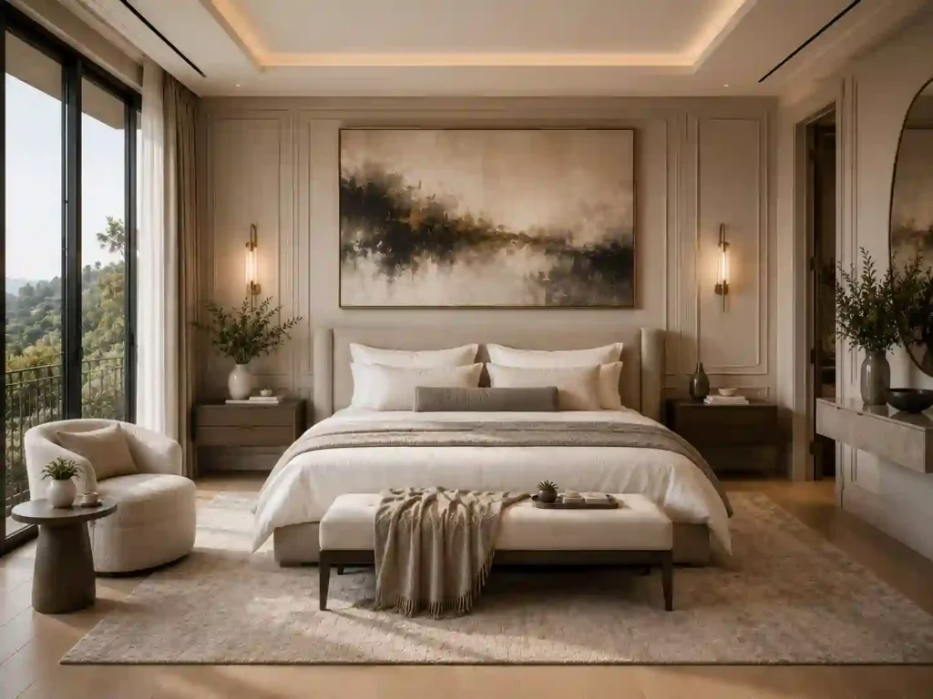 Serene luxury bedroom with hillside view