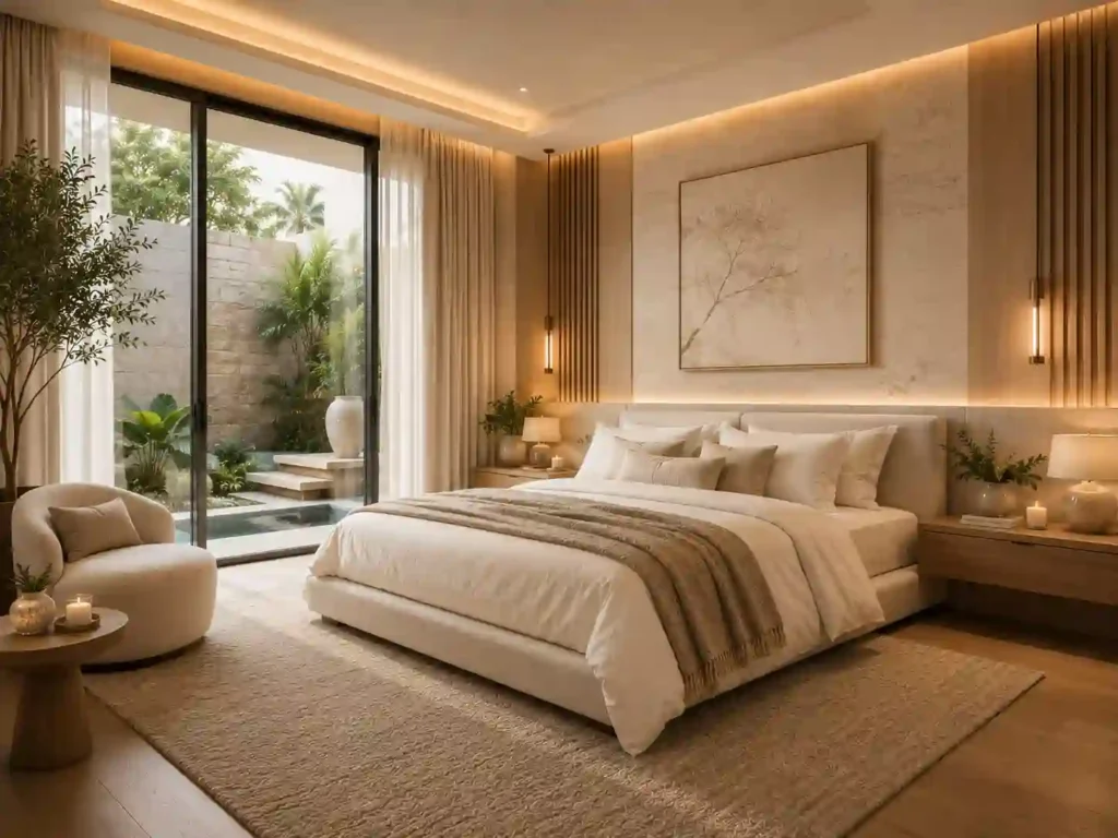 Serene modern bedroom with garden view