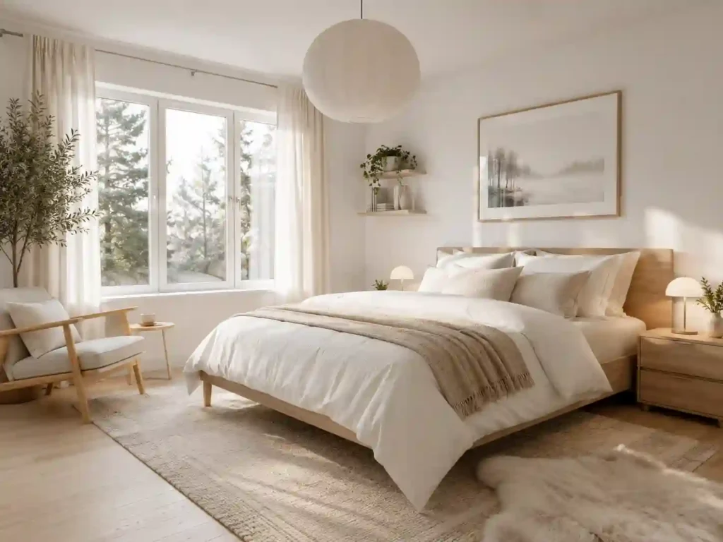 Calm Scandinavian bedroom with natural light
