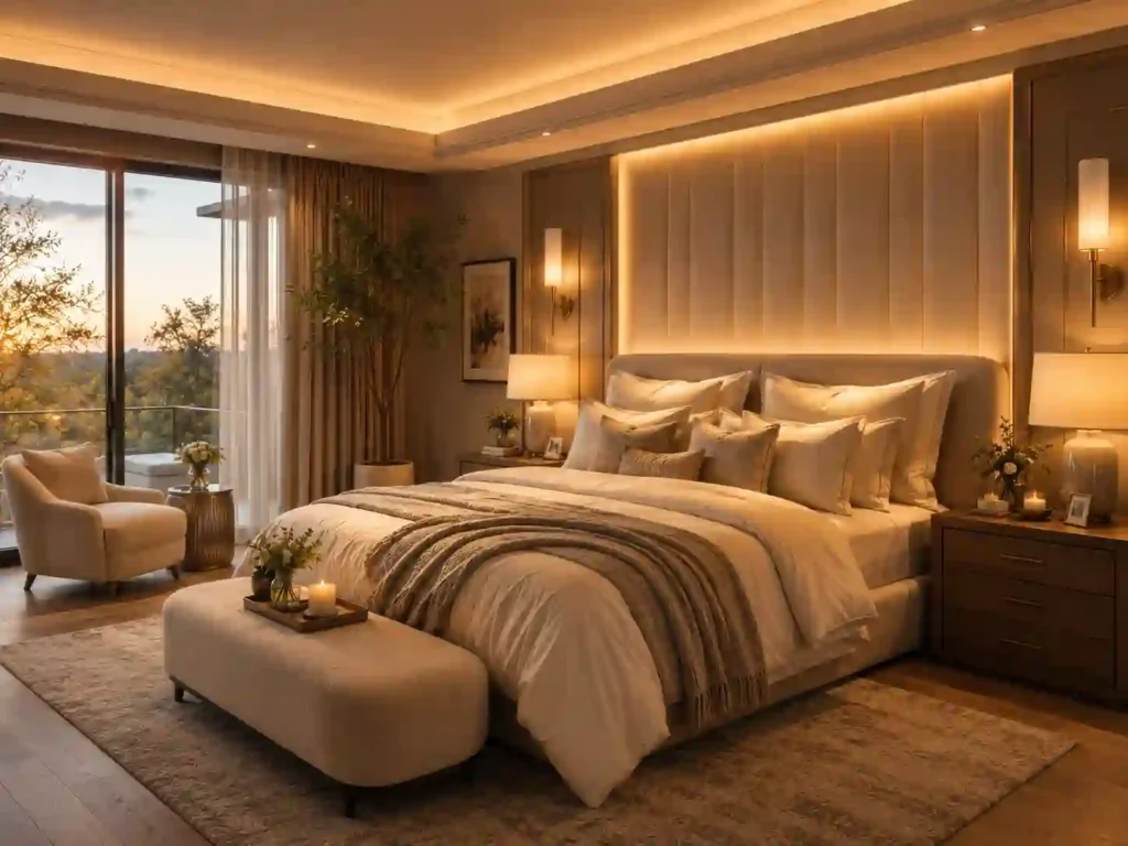 Modern luxury bedroom at sunrise