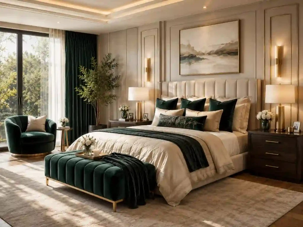 Luxurious modern bedroom with emerald accents