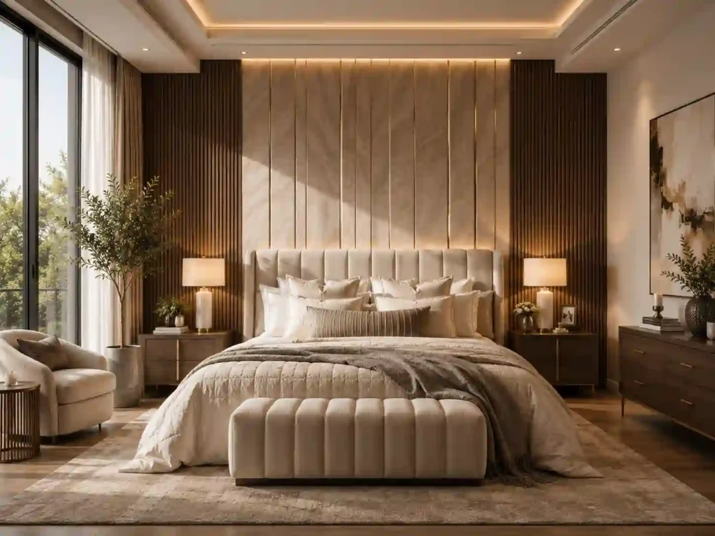 Modern luxury bedroom with warm tones